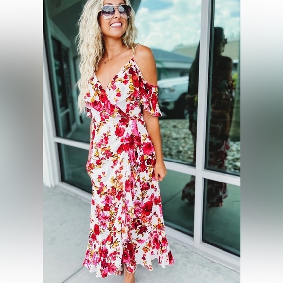 Bluivy Dresses & Skirts - Bluivy Dreaming of Roses wrap front maxi dress pink white cold shoulder rayon
